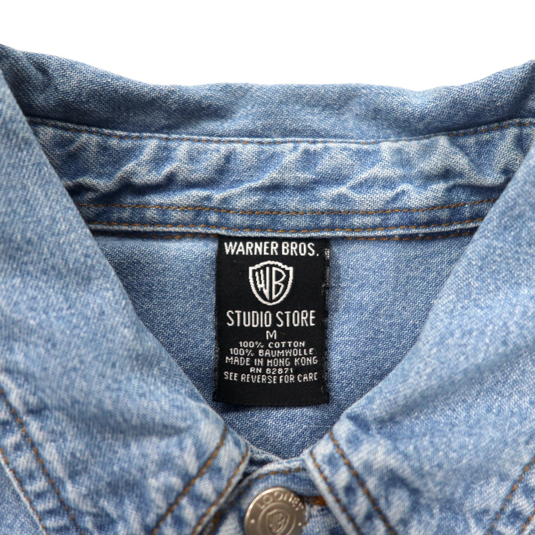 WARNER BROS. 90s Big Size Character Embroidered Denim Shirt M Blue Cotton LOONEY TUNES Wile E. Coyote