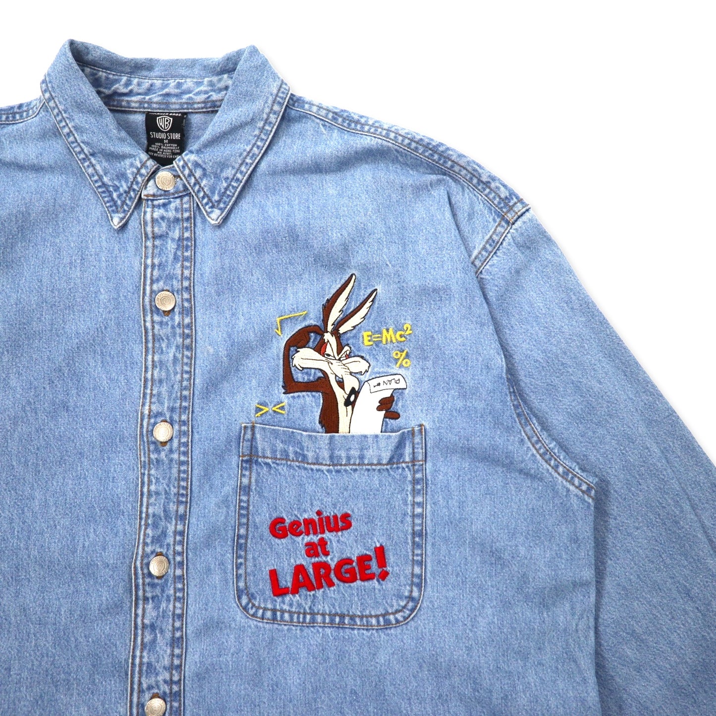 WARNER BROS. 90年代 ビッグサイズ キャラクター刺繍 デニムシャツ M ブルー コットン LOONEY TUNES ワイリー・コヨーテ