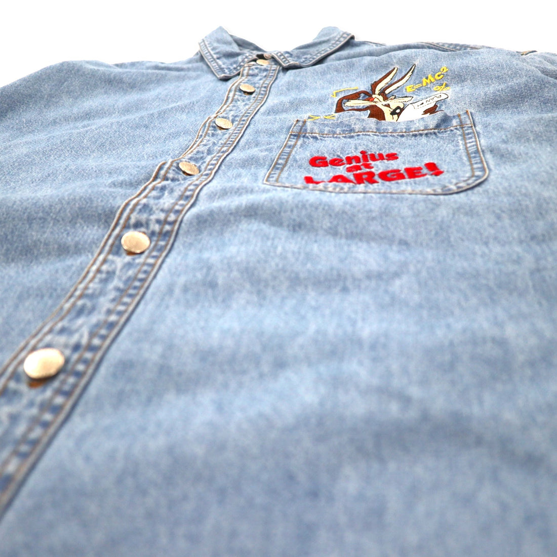 WARNER BROS. 90s Big Size Character Embroidered Denim Shirt M Blue Cotton LOONEY TUNES Wile E. Coyote