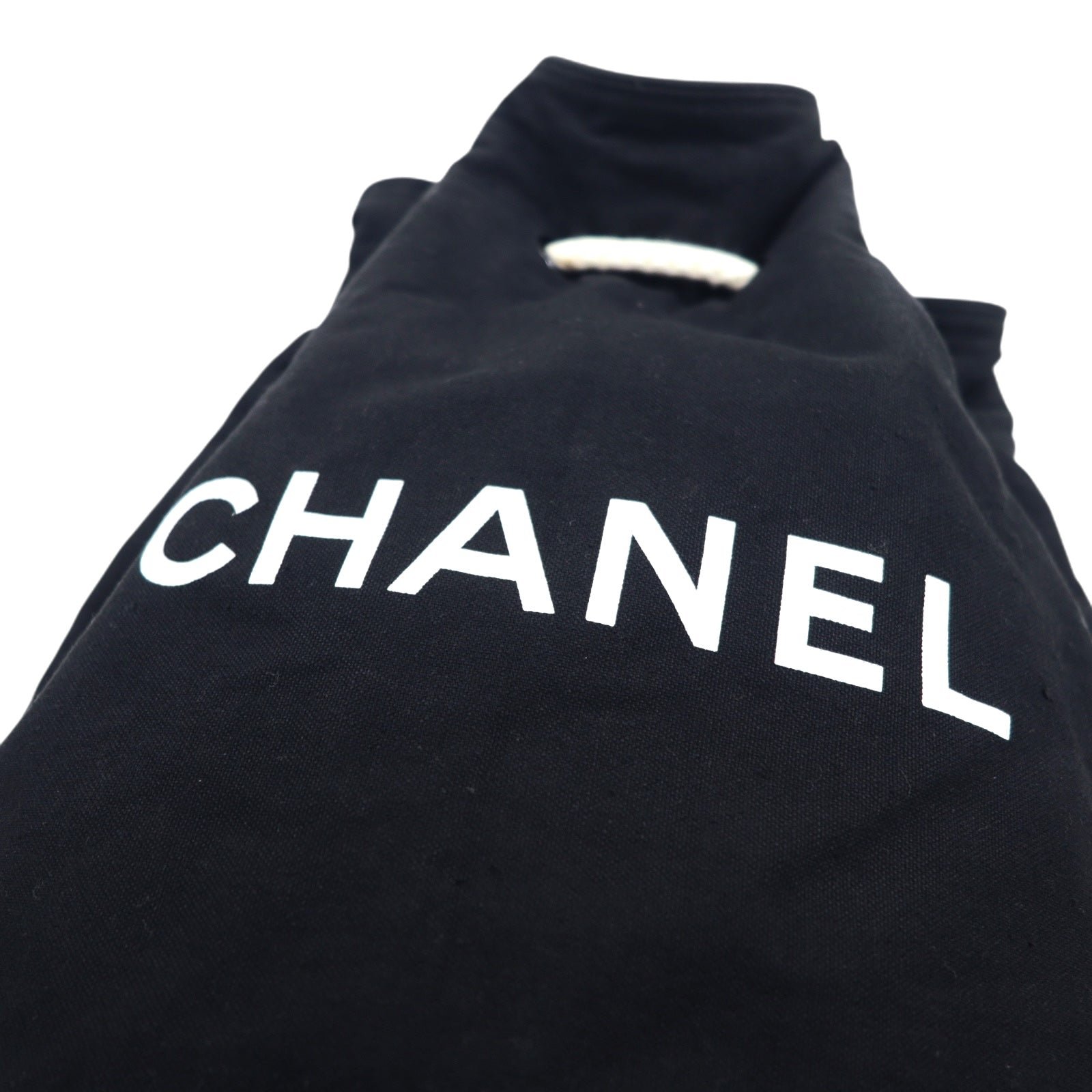 CHANEL Drawstring Pool Bag One Shoulder Bag Black Canvas Logo Print Novelty