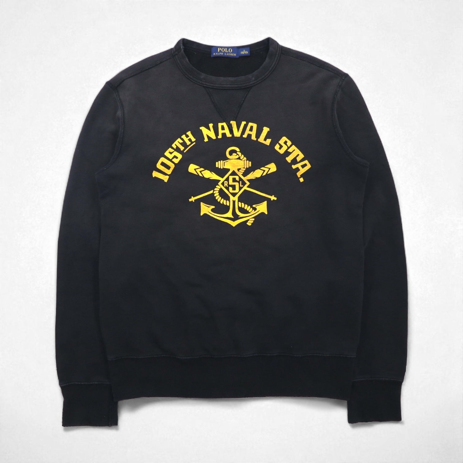 Polo Ralph Lauren ヴィンテージ加工 前V スウェット トレーナー S ブラック 105TH NAVAL STA