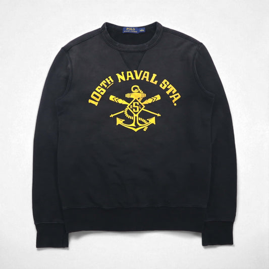 Polo Ralph Lauren ヴィンテージ加工 前V スウェット トレーナー S ブラック 105TH NAVAL STA