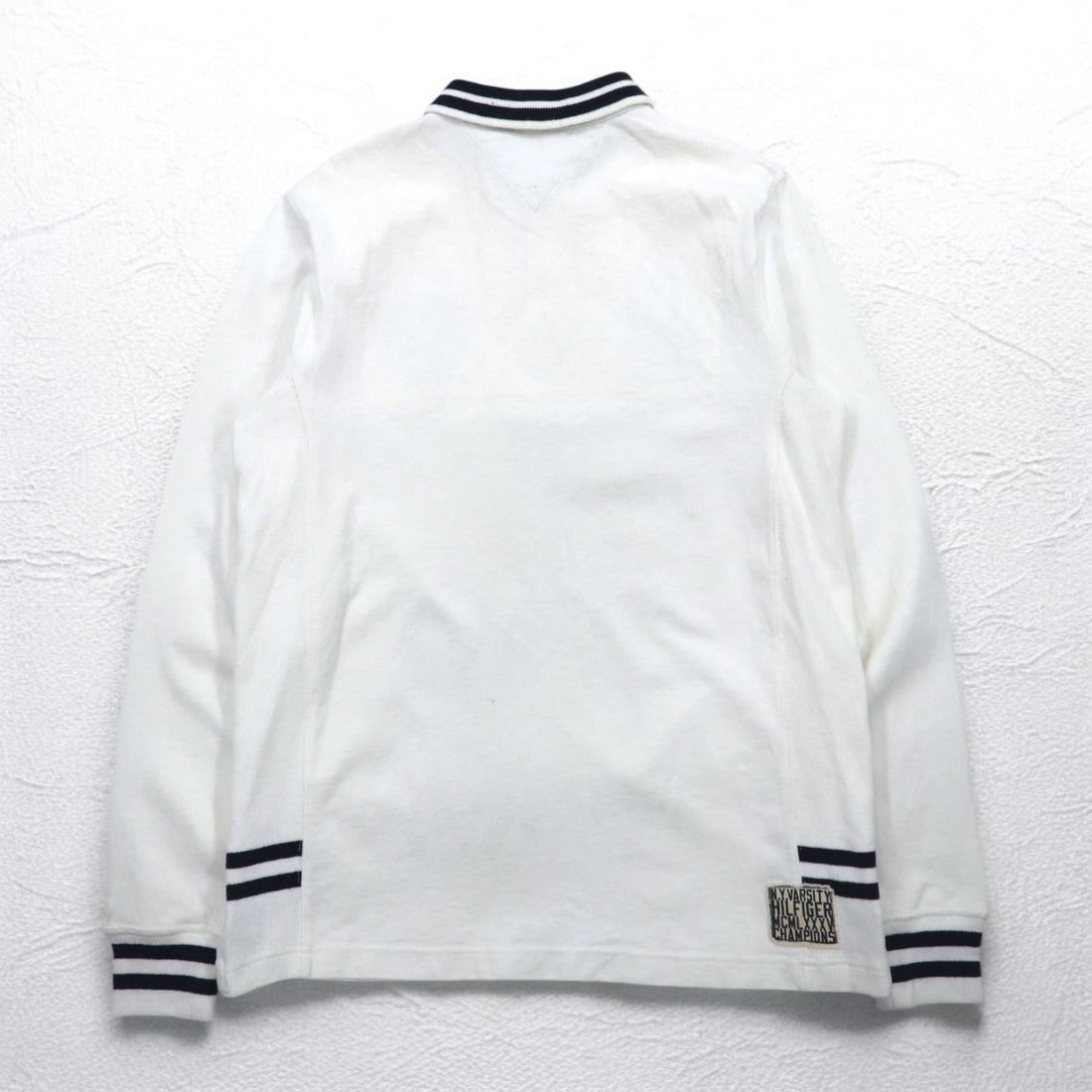 TOMMY HILFIGER RIBBLINE RUGBY SHIRT L WHITE COTTON NUMBERING VINTAGE FIT