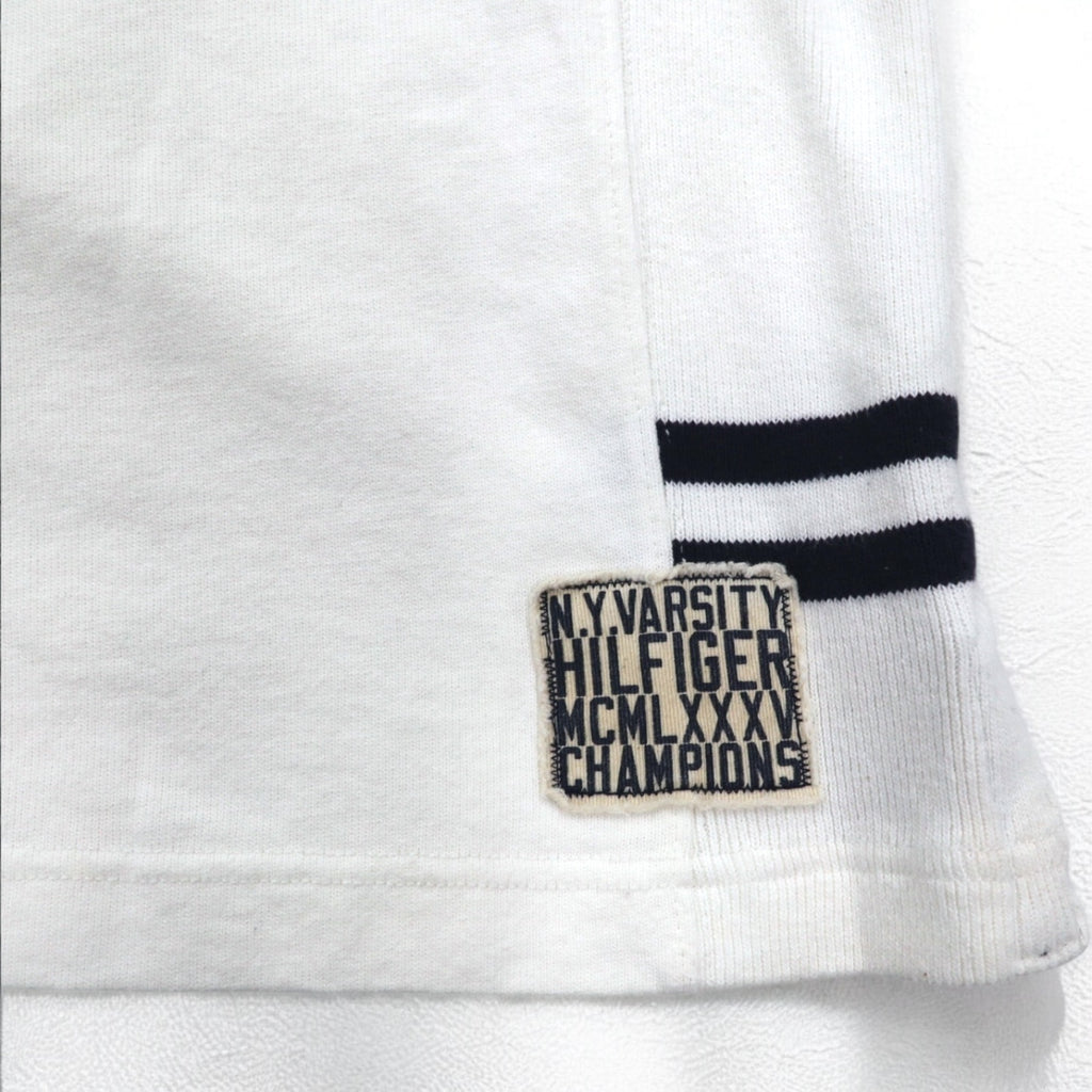 TOMMY HILFIGER RIBBLINE RUGBY SHIRT L WHITE COTTON NUMBERING VINTAGE FIT