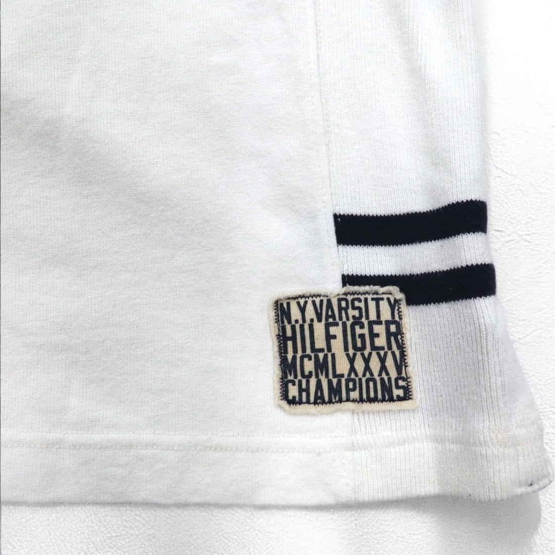 TOMMY HILFIGER RIBBLINE RUGBY SHIRT L WHITE COTTON NUMBERING VINTAGE FIT