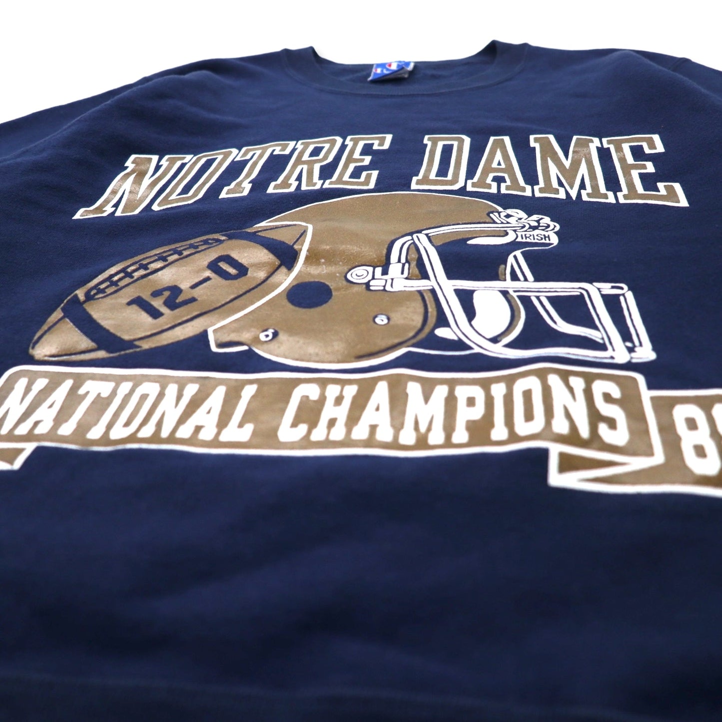 Champion USA製 90年代 カレッジ プリント スウェット L ネイビー コットン 裏起毛 NCAA フットボール NOTRE DAME 3段プリント アーチロゴ 刺繍タグ