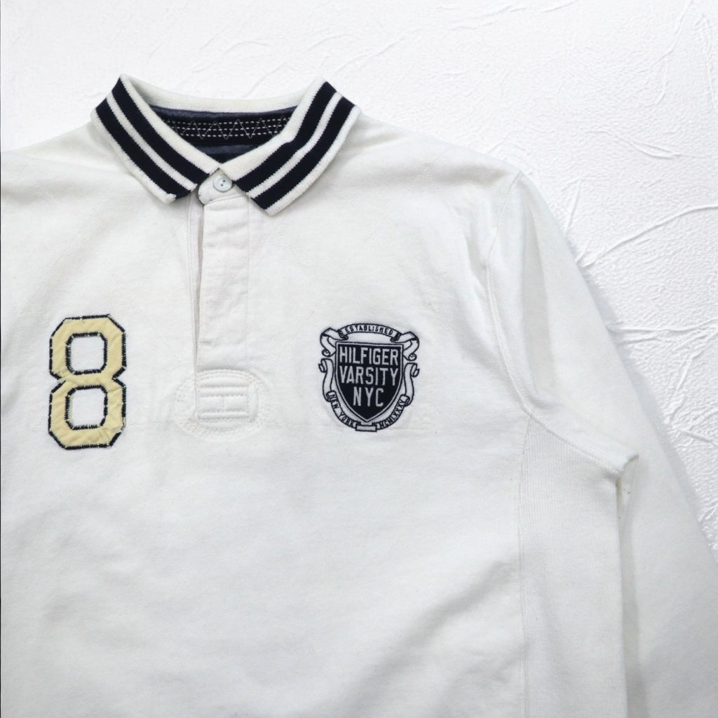 TOMMY HILFIGER RIBBLINE RUGBY SHIRT L WHITE COTTON NUMBERING VINTAGE FIT