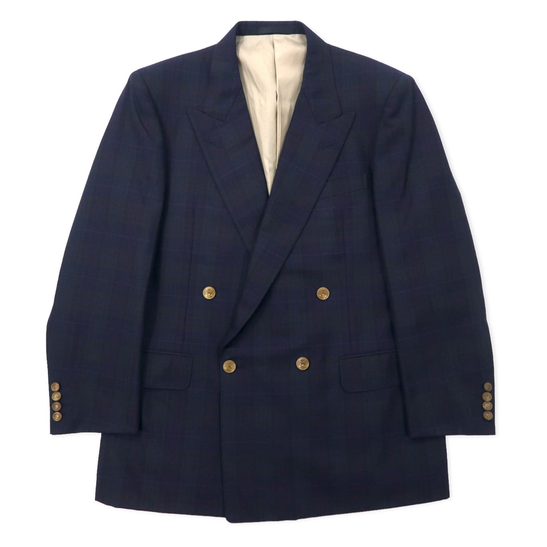 日本然リトテ-古着オンライン-Burberrys オールド ダブル テーラードジャケット 98-88-175 AB6 ネイビー チェック ウール ギャバジン 金ボタン 飾りボタン ピークドラペル 日本製-Burberrys Vintage Double Tailored Jacket 98-88-175 AB6 Navy Checked Wool Gabardine Gold Buttons Decorative Buttons Peak Lapel Japan Made