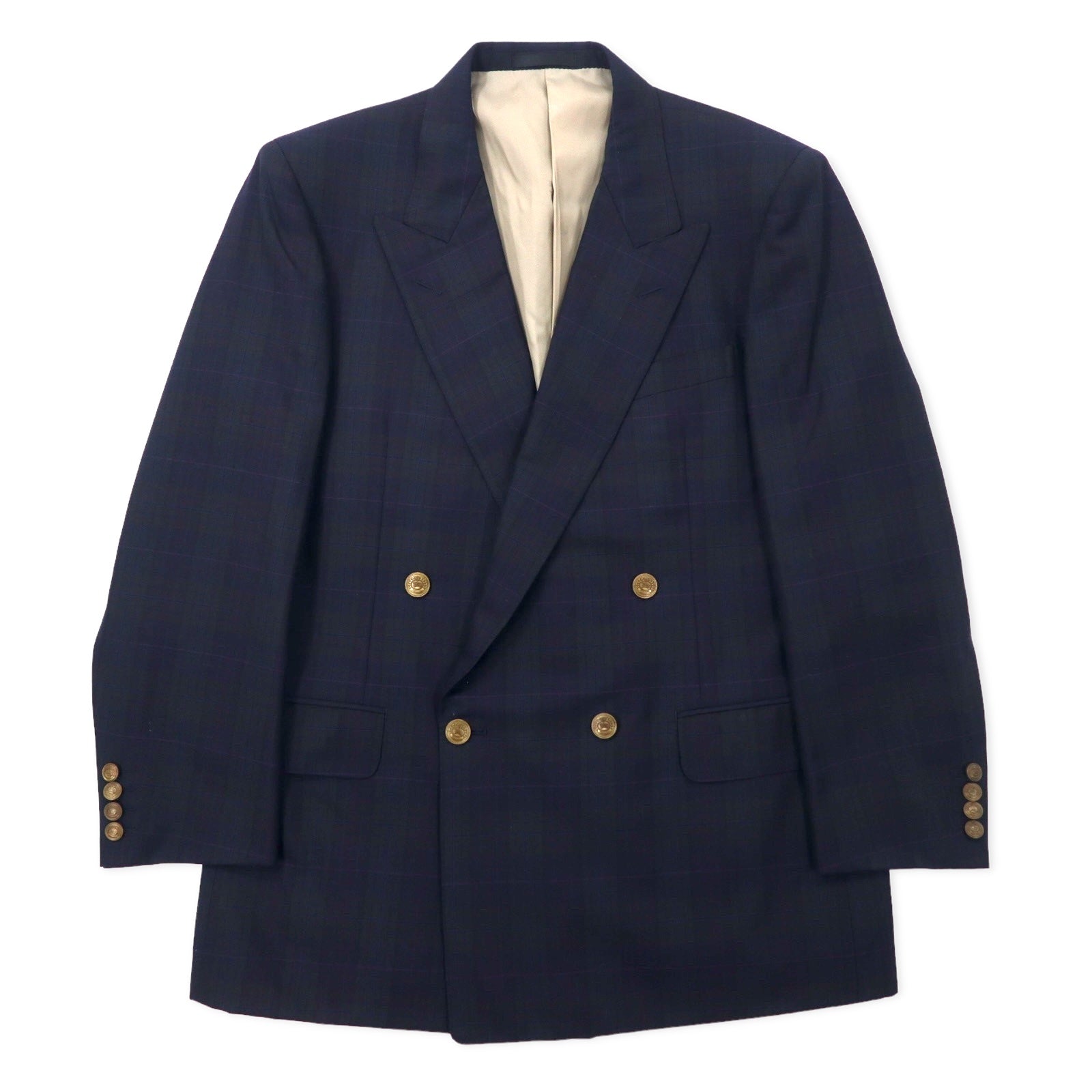 日本然リトテ-古着オンライン-Burberrys オールド ダブル テーラードジャケット 98-88-175 AB6 ネイビー チェック ウール ギャバジン 金ボタン 飾りボタン ピークドラペル 日本製-Burberrys Vintage Double Tailored Jacket 98-88-175 AB6 Navy Checked Wool Gabardine Gold Buttons Decorative Buttons Peak Lapel Japan Made
