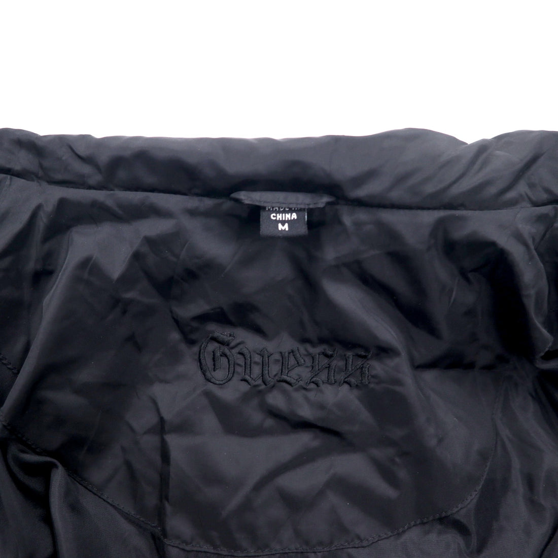 GUESS 90s High Neck Down Coat M Black Nylon Double Zip Logo Embroidery