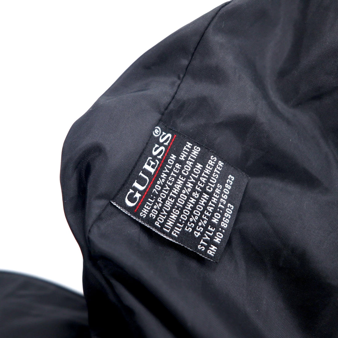 GUESS 90s High Neck Down Coat M Black Nylon Double Zip Logo Embroidery