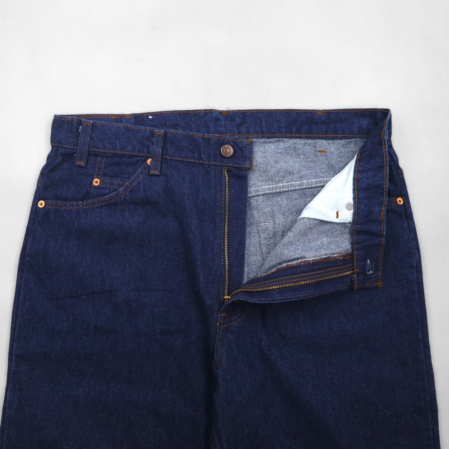 Levi's 80s USA Made 509 Denim Jeans, Size L, Indigo, 40509-0215, Orange Tab, Dark Navy, Zipper Fly, Leather Patch