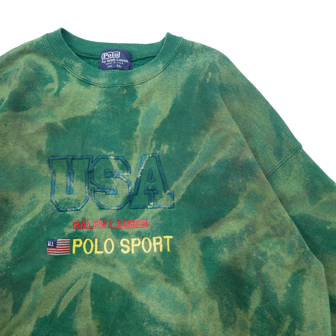 Polo by Ralph Lauren 90s USA made tie-dye sweatshirt XL green cotton stars and stripes POLO SPORT embroidery