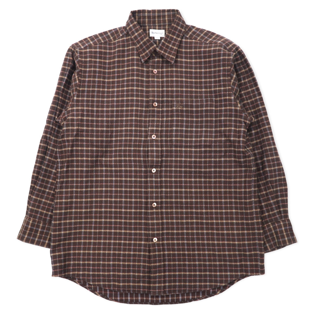 日本然リトテ-古着オンライン-Burberrys オールド フランネルシャツ LY ブラウン チェック ウール ワンポイントロゴ刺繍 日本製-Burberrys Vintage Flannel Shirt LY Brown Checked Wool One Point Logo Embroidery Japan Made