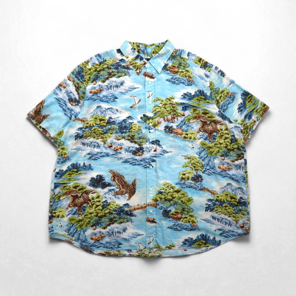 RALPH LAUREN Japanese pattern big size button down aloha shirt 3XL blue rayon viscose all over pattern
