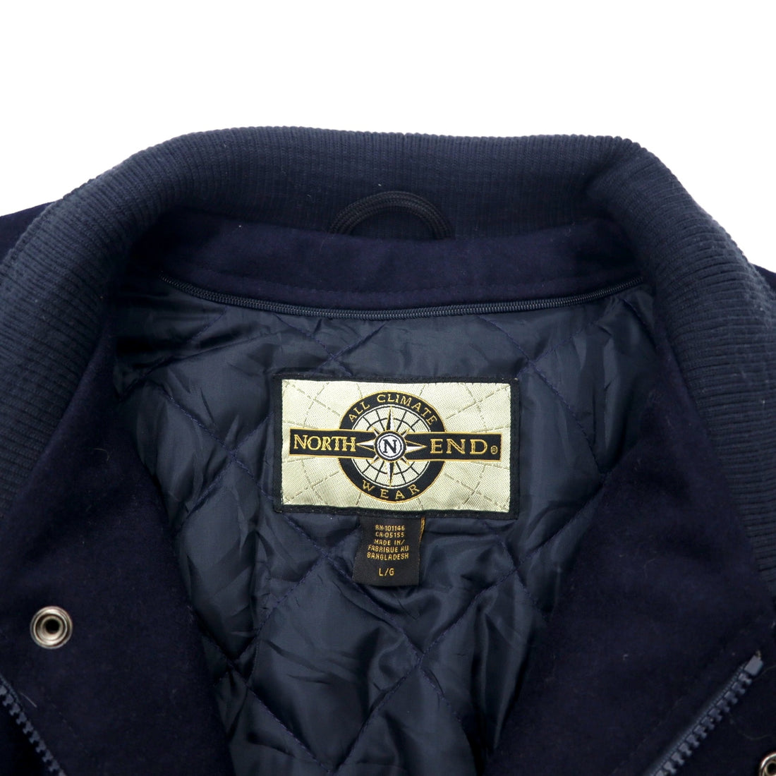 90s NORTH END Leather Sleeve Stadium Jacket L Navy Wool Removable Quilted Liner EZEM SYSTEM Padding