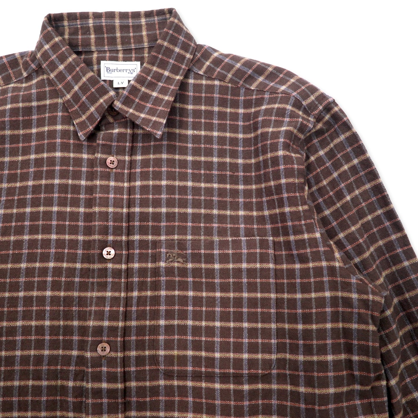 Burberrys Old Flannel Shirt LY Brown Check Wool One Point Logo Embroidery Made in Japan