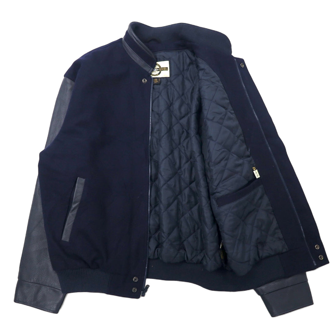 90s NORTH END Leather Sleeve Stadium Jacket L Navy Wool Removable Quilted Liner EZEM SYSTEM Padding