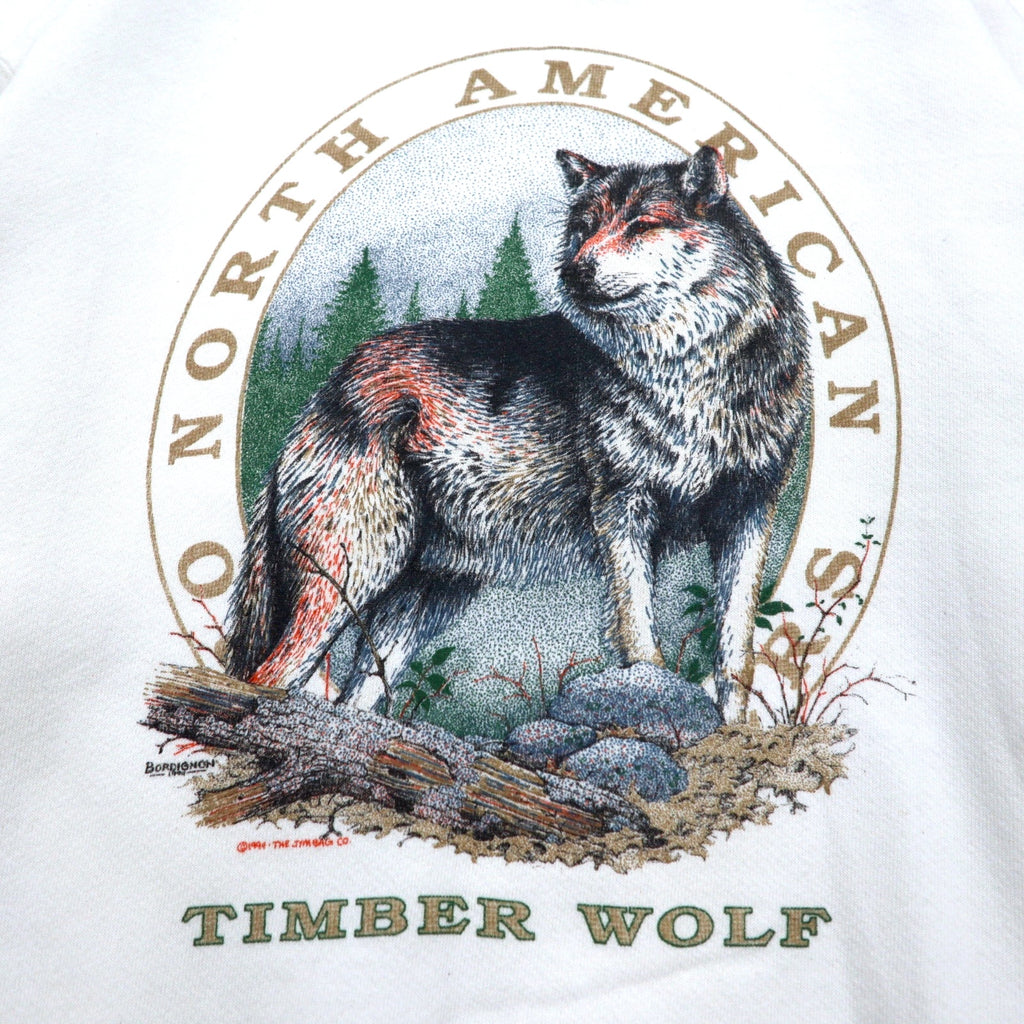Made in USA 90s TULTEX Animal Print Sweatshirt M White Cotton NORTH AMERICAN Wolf Timberwolf