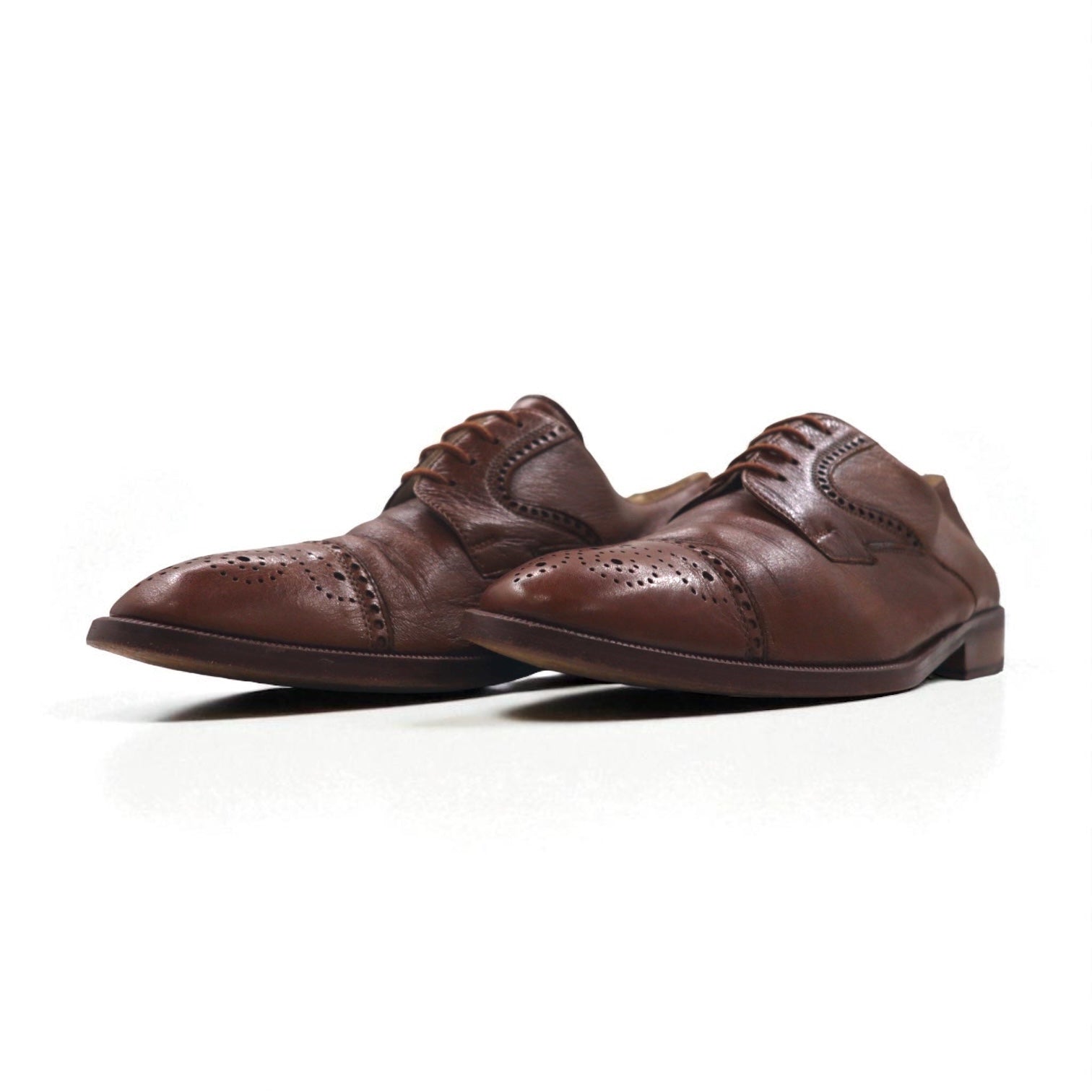 MANAGER Italian-made full brogue dress shoes, size 28cm, brown leather with medallion detail