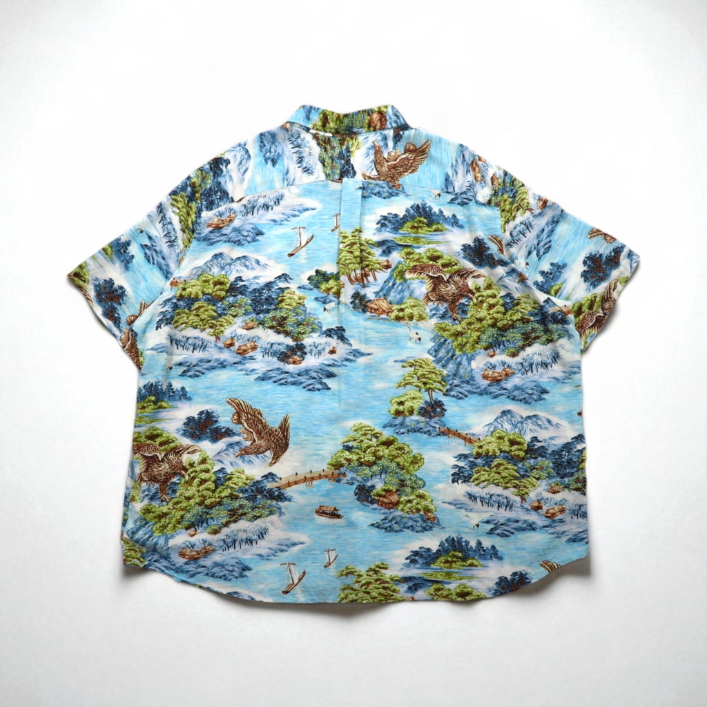 RALPH LAUREN Japanese pattern big size button down aloha shirt 3XL blue rayon viscose all over pattern