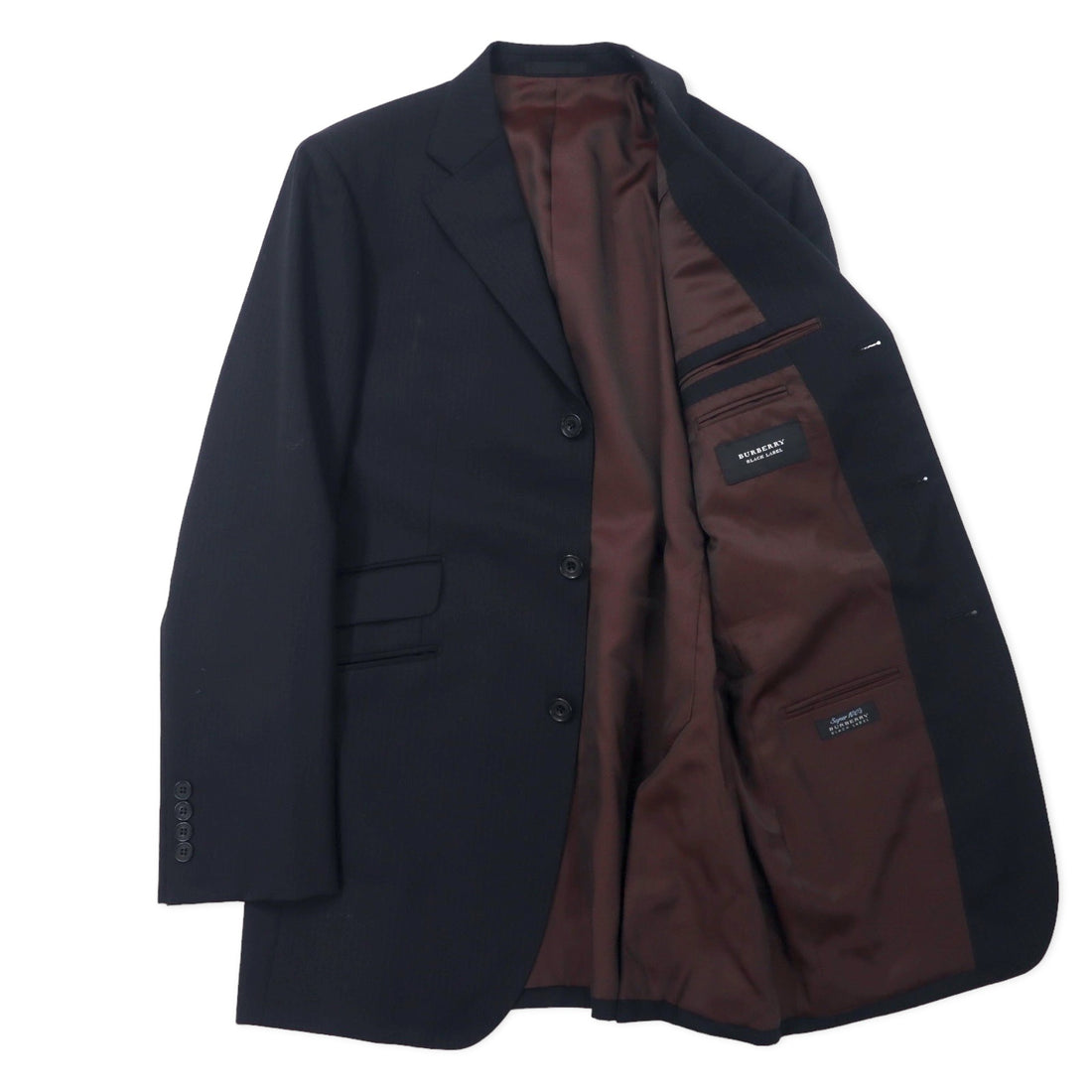 BURBERRY BLACK LABEL 3B Suit Set Up 42R Black Stripe Wool SUPER 100's Sheepskin Made in Japan