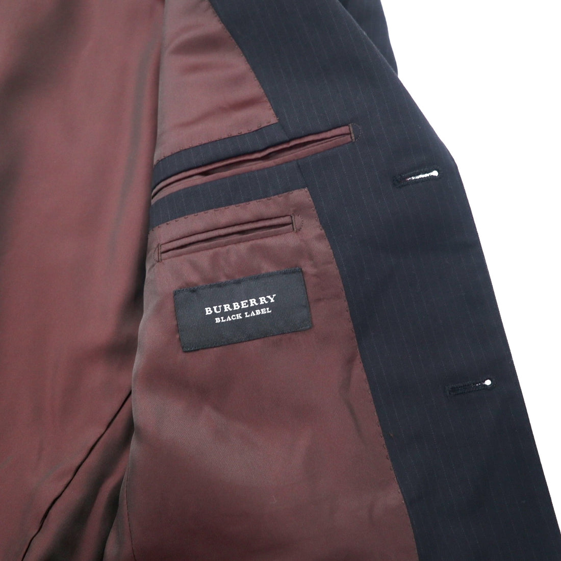 BURBERRY BLACK LABEL 3B Suit Set Up 42R Black Stripe Wool SUPER 100's Sheepskin Made in Japan
