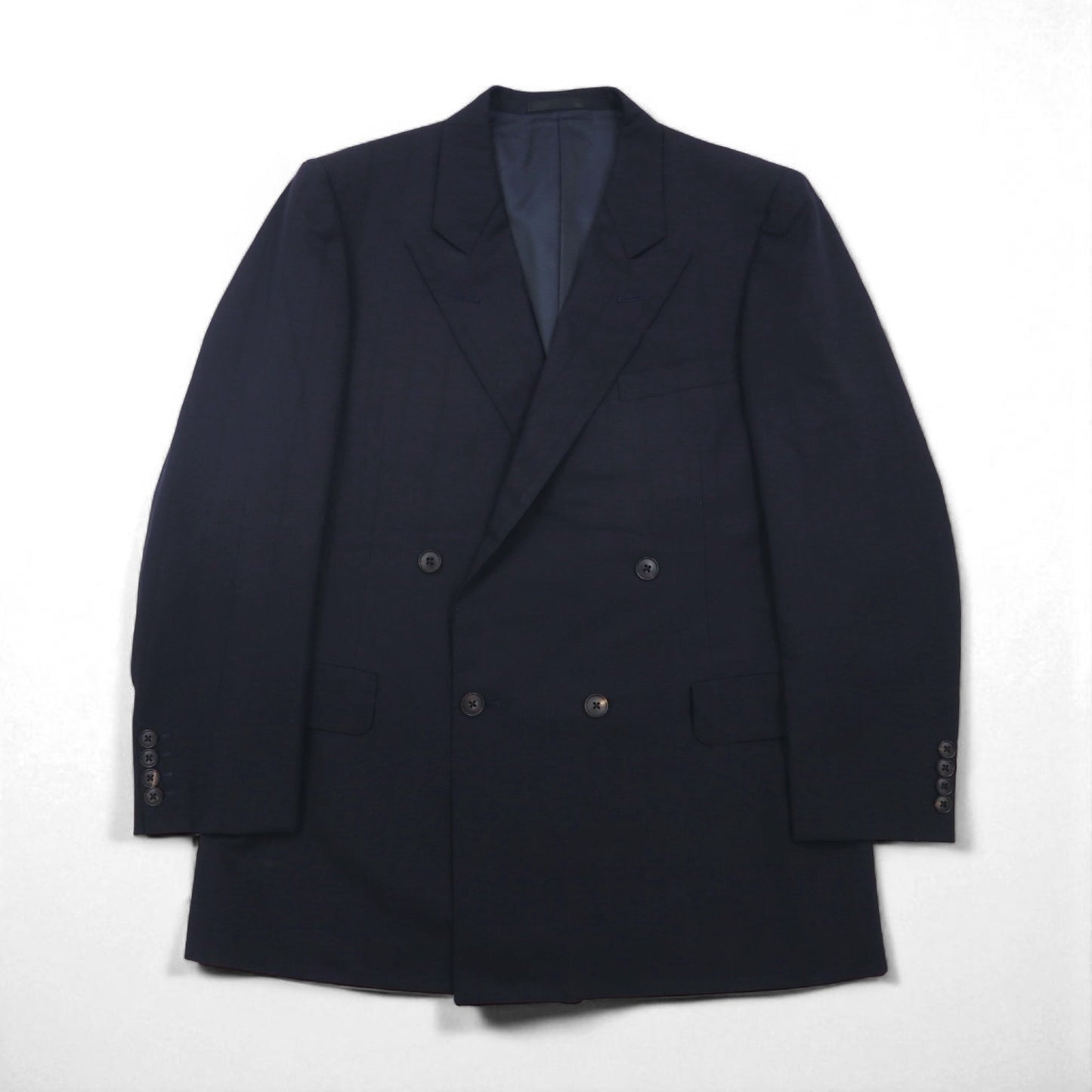 BURBERRY 90s PRESTIGE COLLECTION Made in Japan Peak Lapel Double-Breasted Suit, Size M, Navy Wool