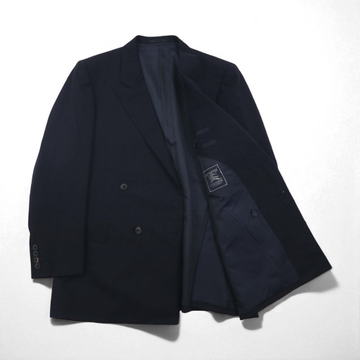 BURBERRY 90s PRESTIGE COLLECTION Made in Japan Peak Lapel Double-Breasted Suit, Size M, Navy Wool