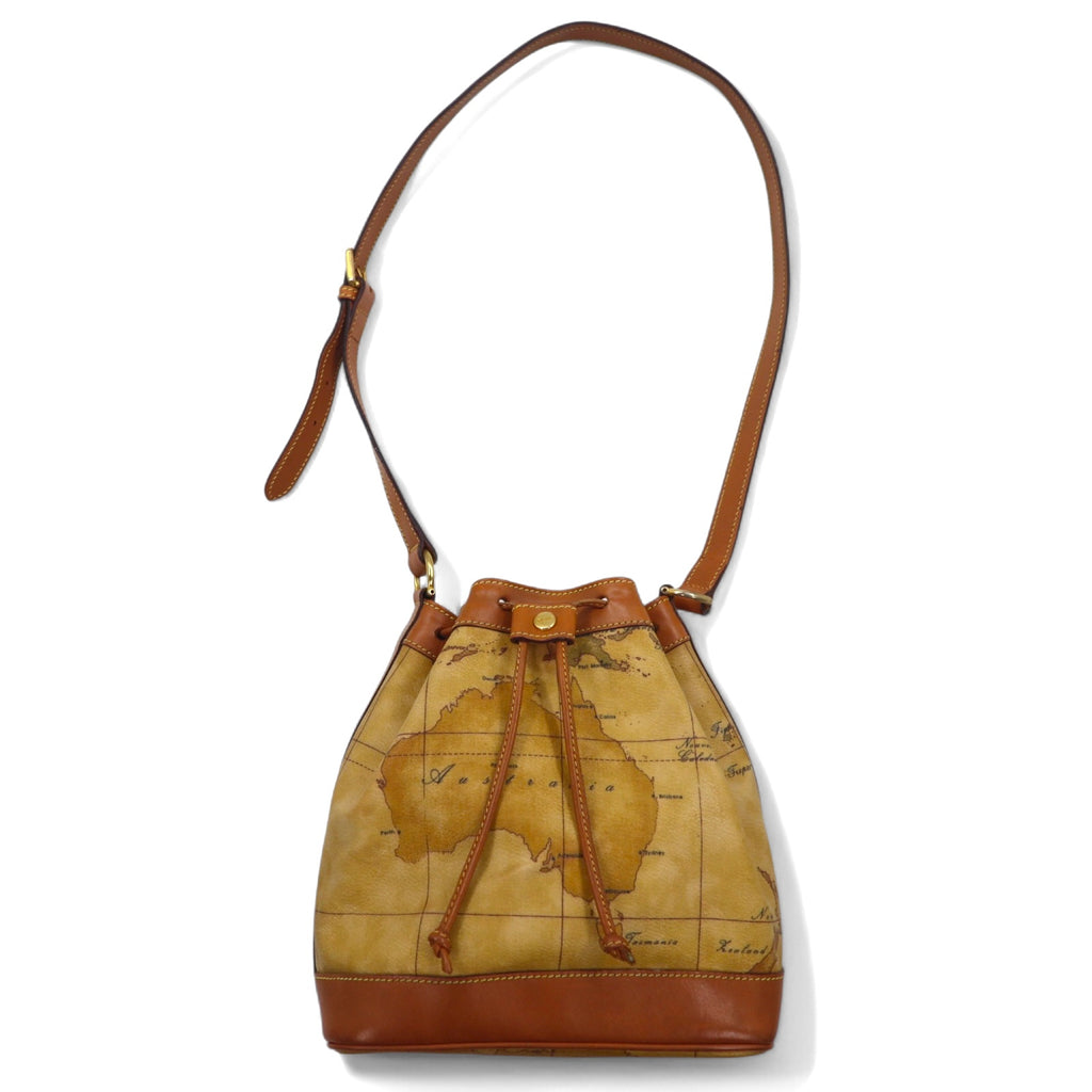 日本然リトテ-古着オンライン-PRIMA CLASSE イタリア製 巾着 ショルダーバッグ ベージュ PVC レザー 世界地図-PRIMA CLASSE Italy Made Drawstring Shoulder Bag Beige PVC Leather World Map