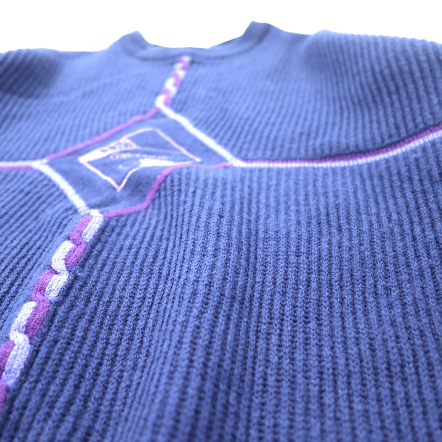 Glenmuir スコットランド製 リブ ニット セーター 42 ネイビー ラムウール 刺繍