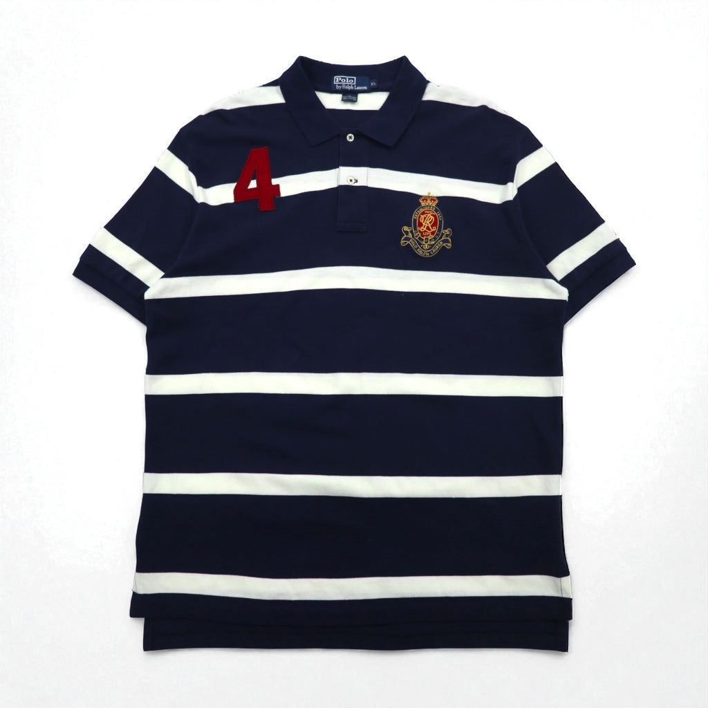 Polo by Ralph Lauren 90s Striped Polo Shirt, XL, Navy, Cotton, Pique, Embroidered Emblem Logo