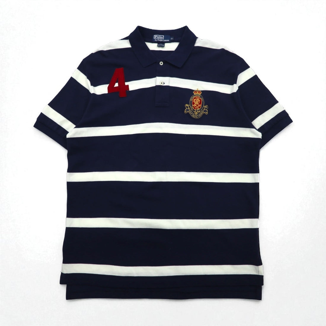 Polo by Ralph Lauren 90s Striped Polo Shirt, XL, Navy, Cotton, Pique, Embroidered Emblem Logo