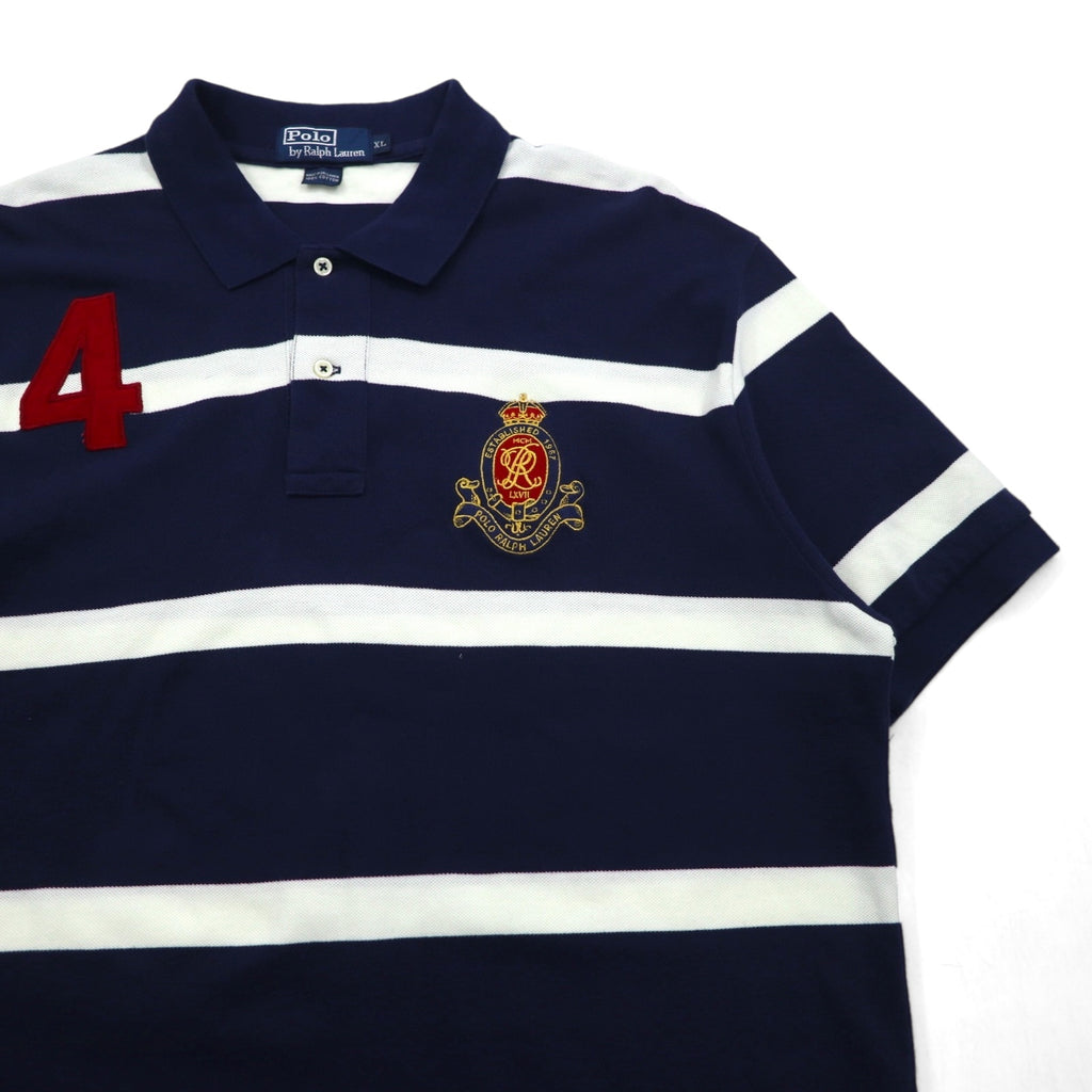 Polo by Ralph Lauren 90s Striped Polo Shirt, XL, Navy, Cotton, Pique, Embroidered Emblem Logo