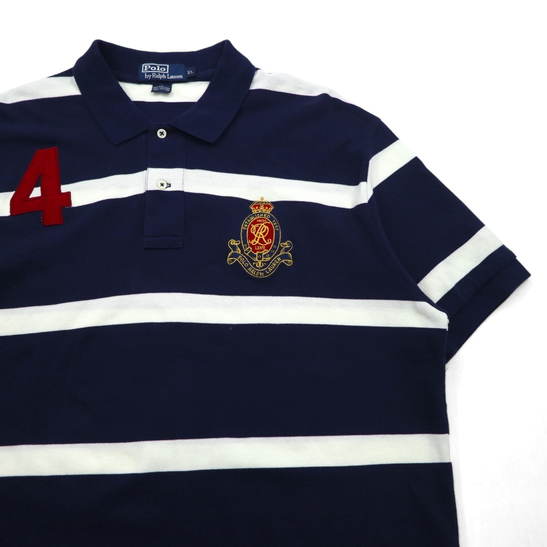 Polo by Ralph Lauren 90s Striped Polo Shirt, XL, Navy, Cotton, Pique, Embroidered Emblem Logo