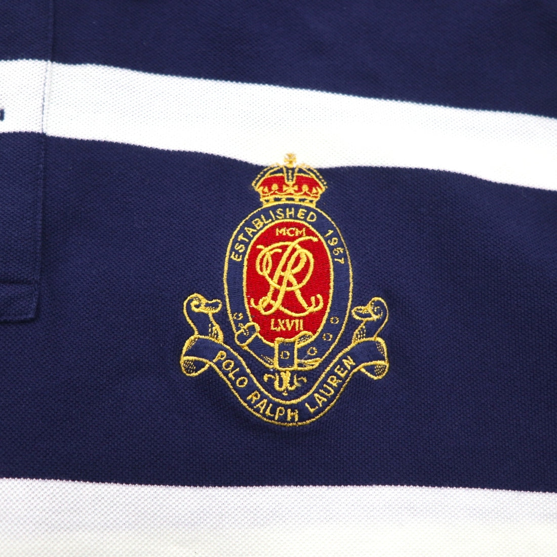 Polo by Ralph Lauren 90s Striped Polo Shirt, XL, Navy, Cotton, Pique, Embroidered Emblem Logo