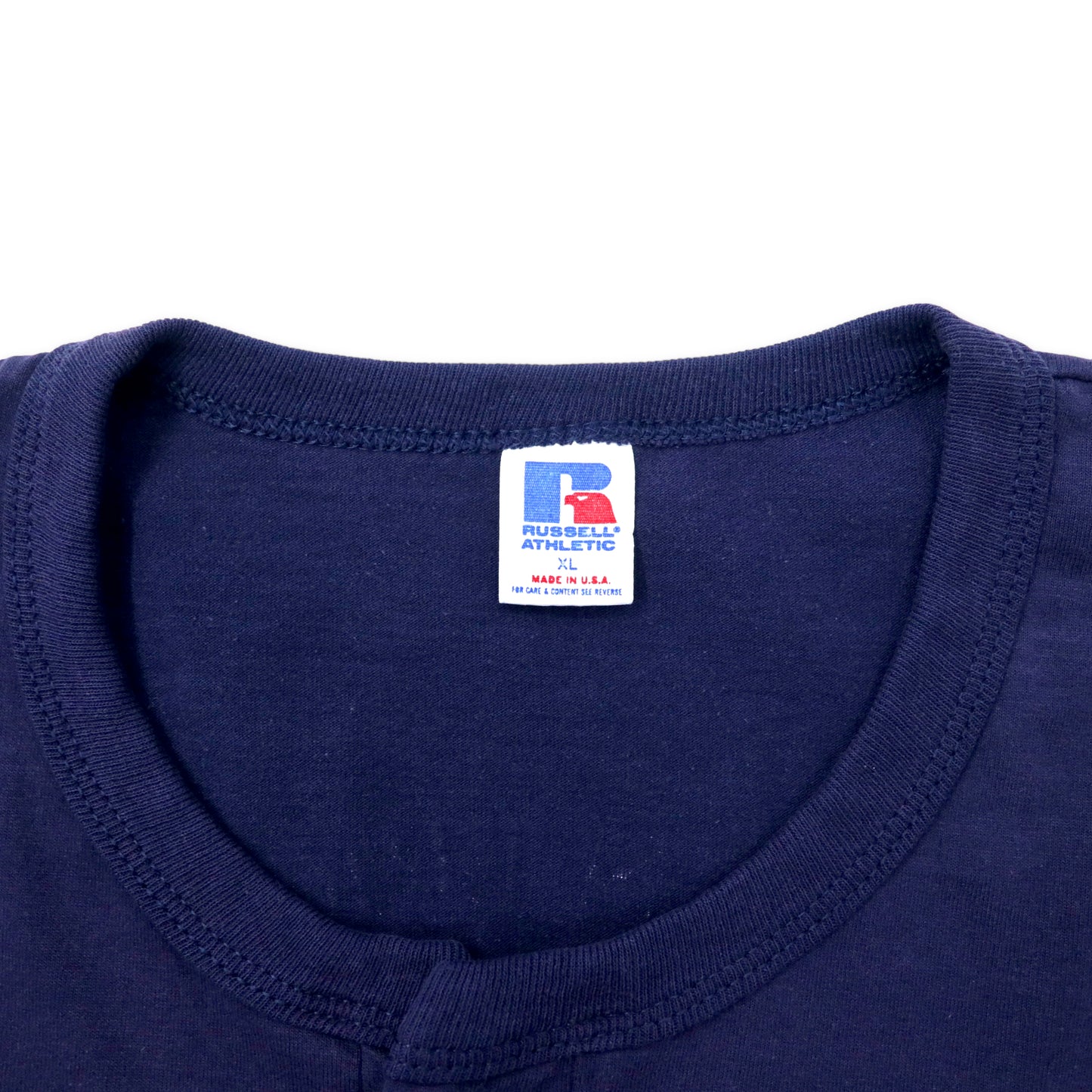USA製 RUSSELL ATHLETIC 80年代 ヘンリーネック Tシャツ XL ネイビー コットン バックプリント McCANN-ERICKSON MEN'S SOFTBALL