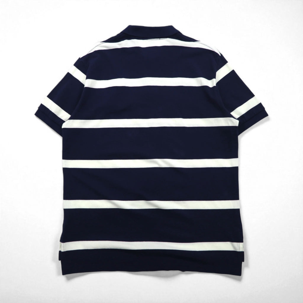Polo by Ralph Lauren 90s Striped Polo Shirt, XL, Navy, Cotton, Pique, Embroidered Emblem Logo