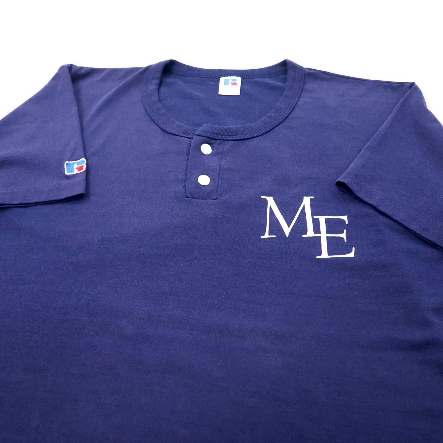USA製 RUSSELL ATHLETIC 80年代 ヘンリーネック Tシャツ XL ネイビー コットン バックプリント McCANN-ERICKSON MEN'S SOFTBALL