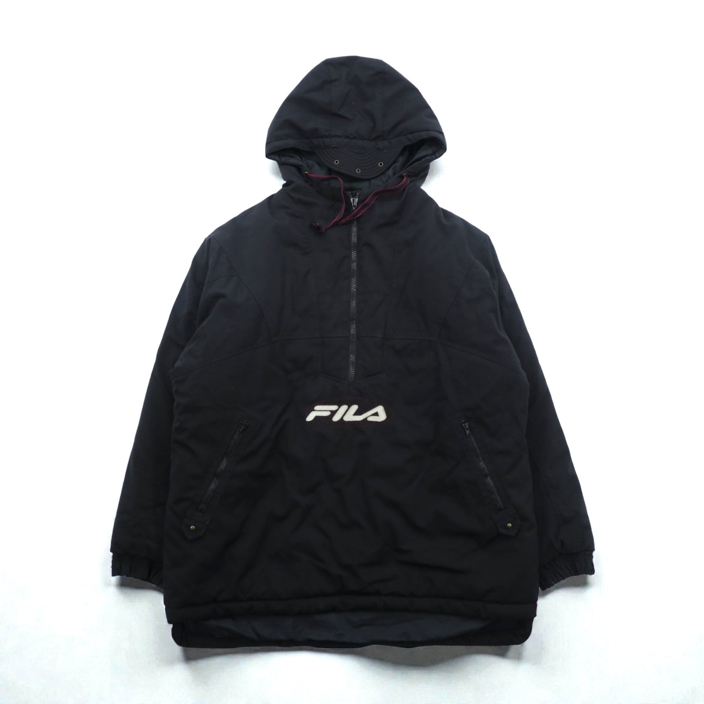 FILA 90年代 ビッグサイズ 中綿 ハーフジップ アノラックパーカー XL ブラック ナイロン カンガルーポケット
