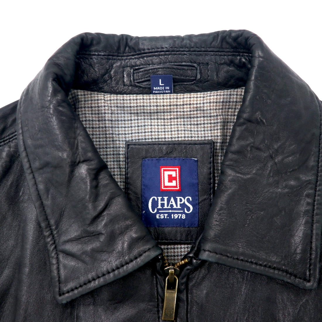 CHAPS Leather Jacket, Rider's Jacket, L, Black, Cowhide, Check Lining, Made in Pakistan
