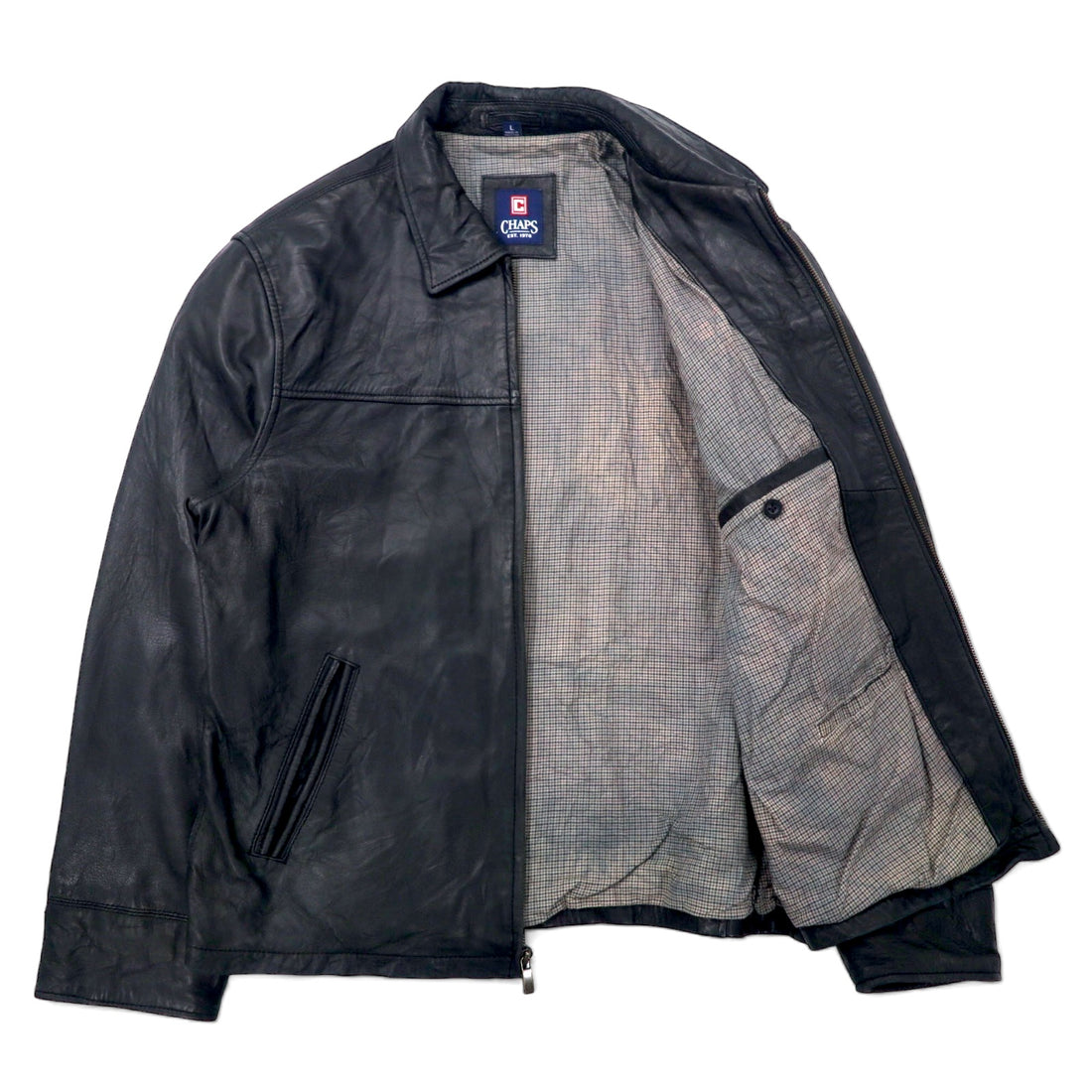 CHAPS Leather Jacket, Rider's Jacket, L, Black, Cowhide, Check Lining, Made in Pakistan