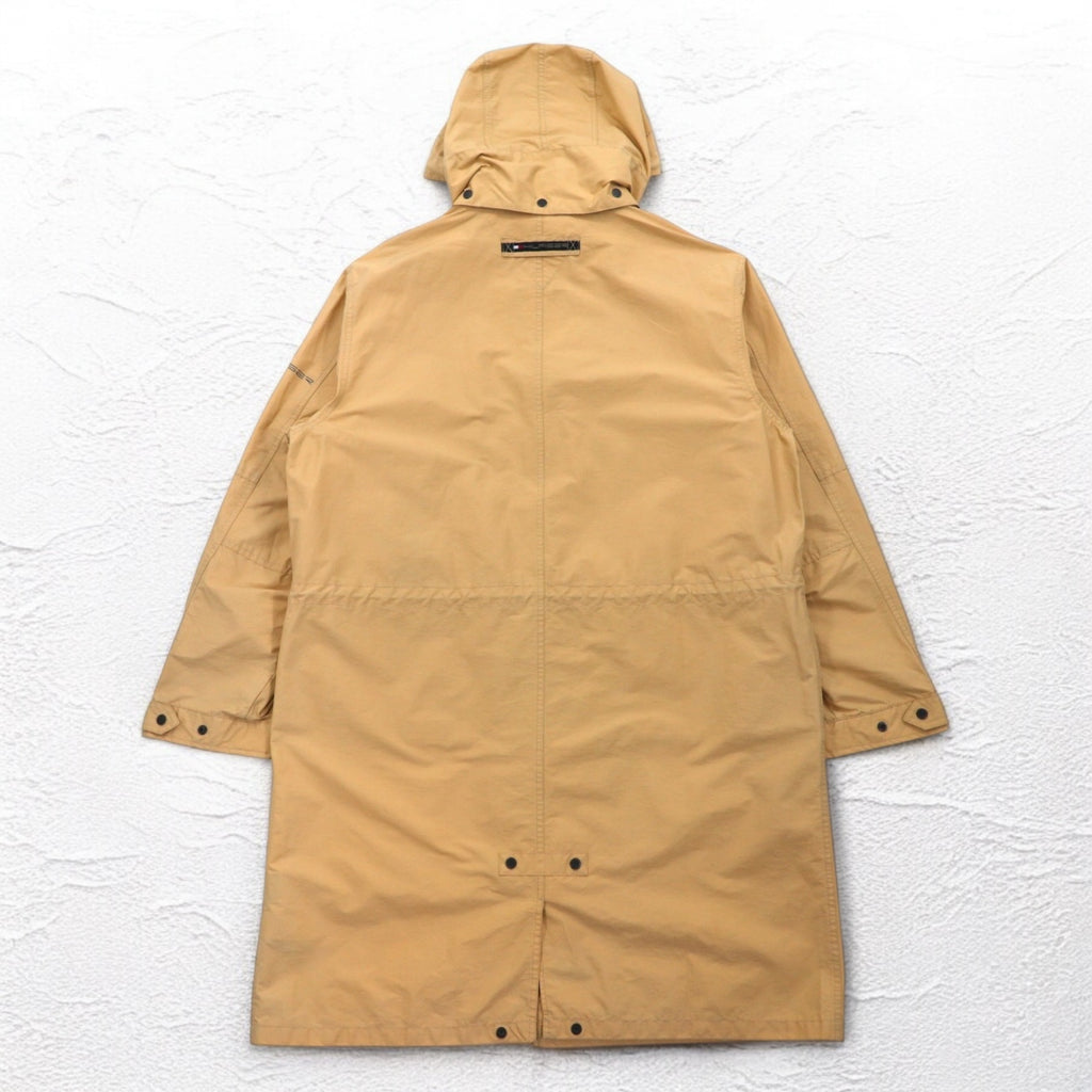 TOMMY HILFIGER 00s Overcoat L Beige Nylon Waterproof Double Zip Drawstring Detachable Hood
