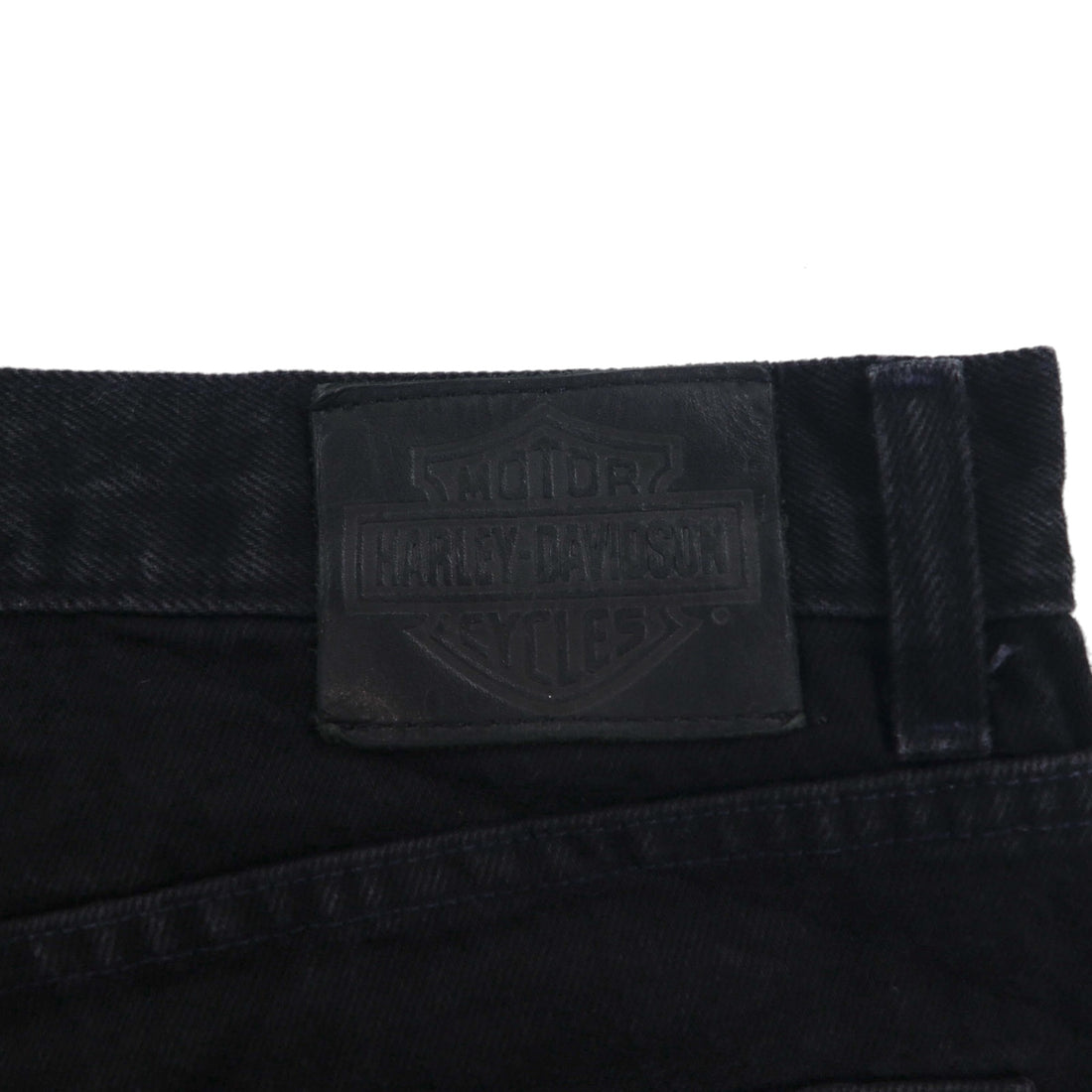 HARLEY DAVIDSON 2000s Black Denim Pants, Size L, Leather Patch, Zipper Fly, Made in Mexico