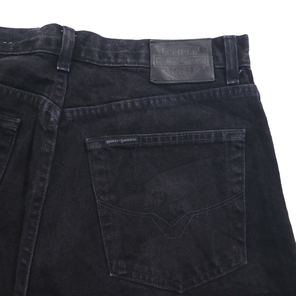 HARLEY DAVIDSON 2000s Black Denim Pants, Size L, Leather Patch, Zipper Fly, Made in Mexico