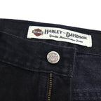 HARLEY DAVIDSON 2000s Black Denim Pants, Size L, Leather Patch, Zipper Fly, Made in Mexico