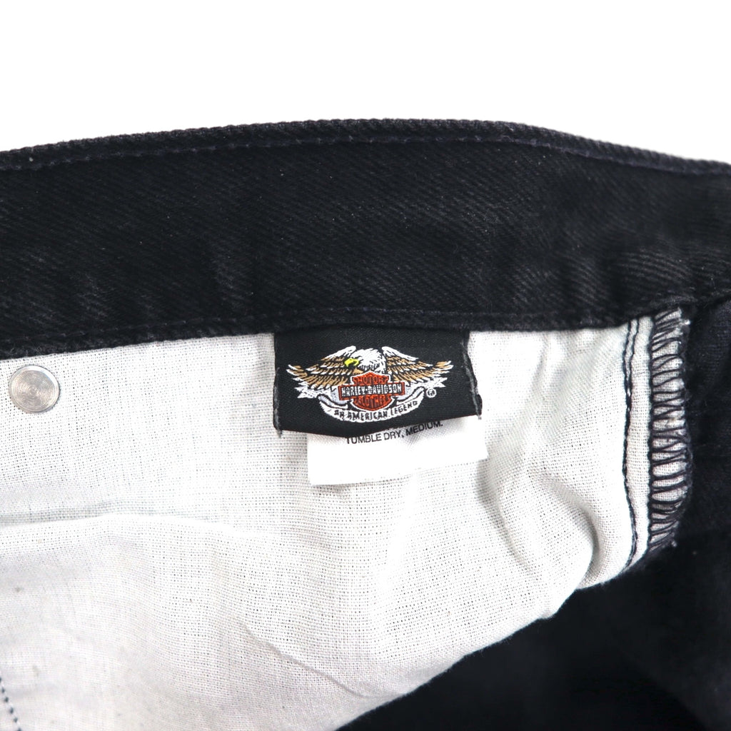 HARLEY DAVIDSON 2000s Black Denim Pants, Size L, Leather Patch, Zipper Fly, Made in Mexico