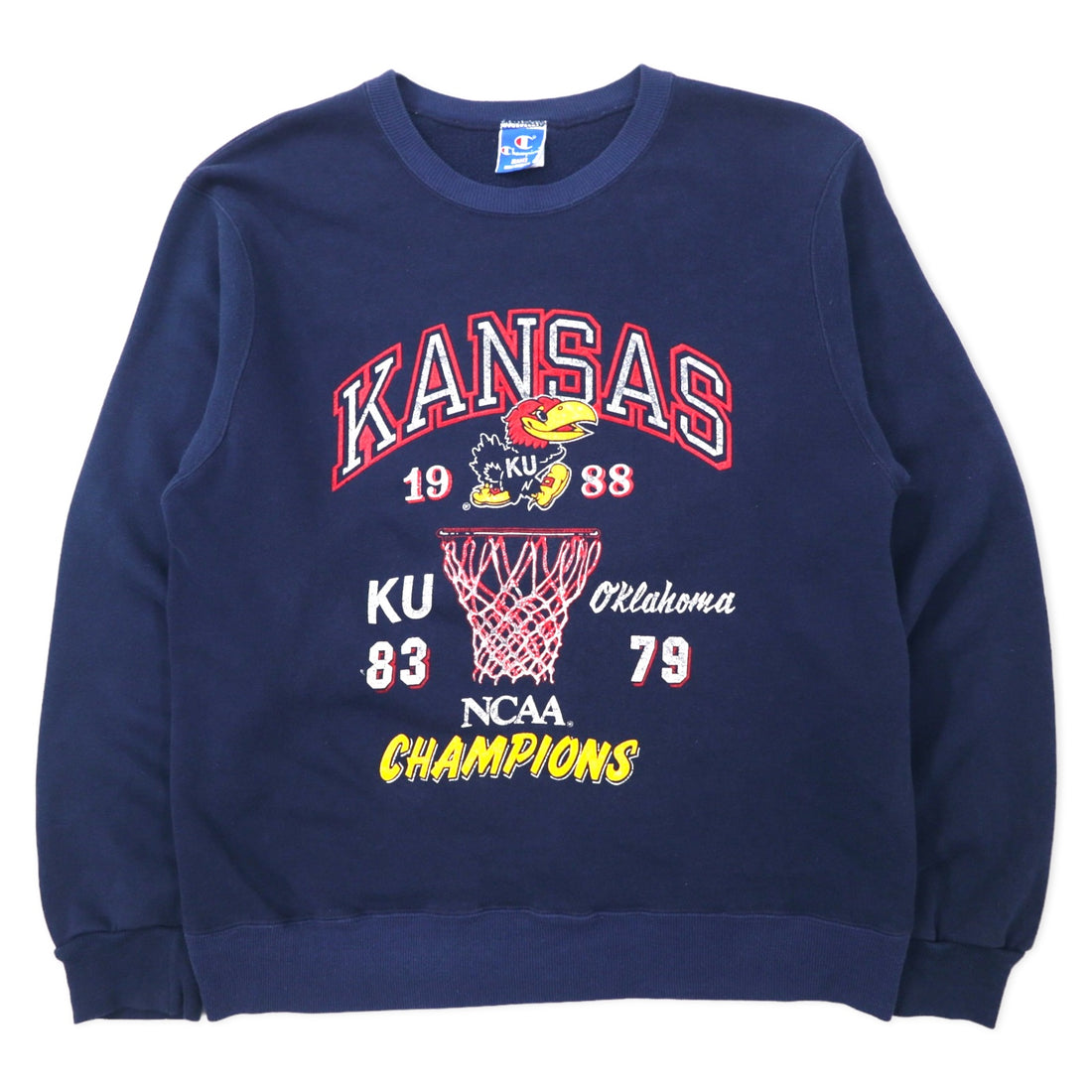日本然リトテ-古着オンライン-Champion USA製 80年代 カレッジ プリント スウェット L ネイビー コットン NCAA フットボール KANSAS アーチロゴ 刺繍タグ-Champion USA Made 80's College Print Sweatshirt L Navy Cotton NCAA Football KANSAS Arch Logo Embroidery Tag