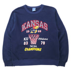 日本然リトテ-古着オンライン-Champion USA製 80年代 カレッジ プリント スウェット L ネイビー コットン NCAA フットボール KANSAS アーチロゴ 刺繍タグ-Champion USA Made 80's College Print Sweatshirt L Navy Cotton NCAA Football KANSAS Arch Logo Embroidery Tag