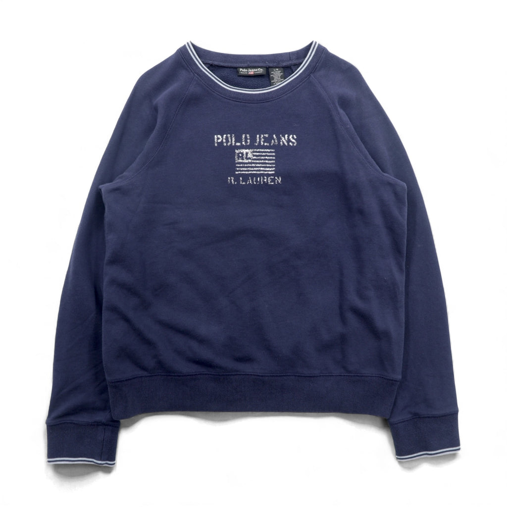 Polo Jeans RALPH LAUREN 90s Ribbed Sweatshirt Jumper L Navy Fleece Lined Stars and Stripes